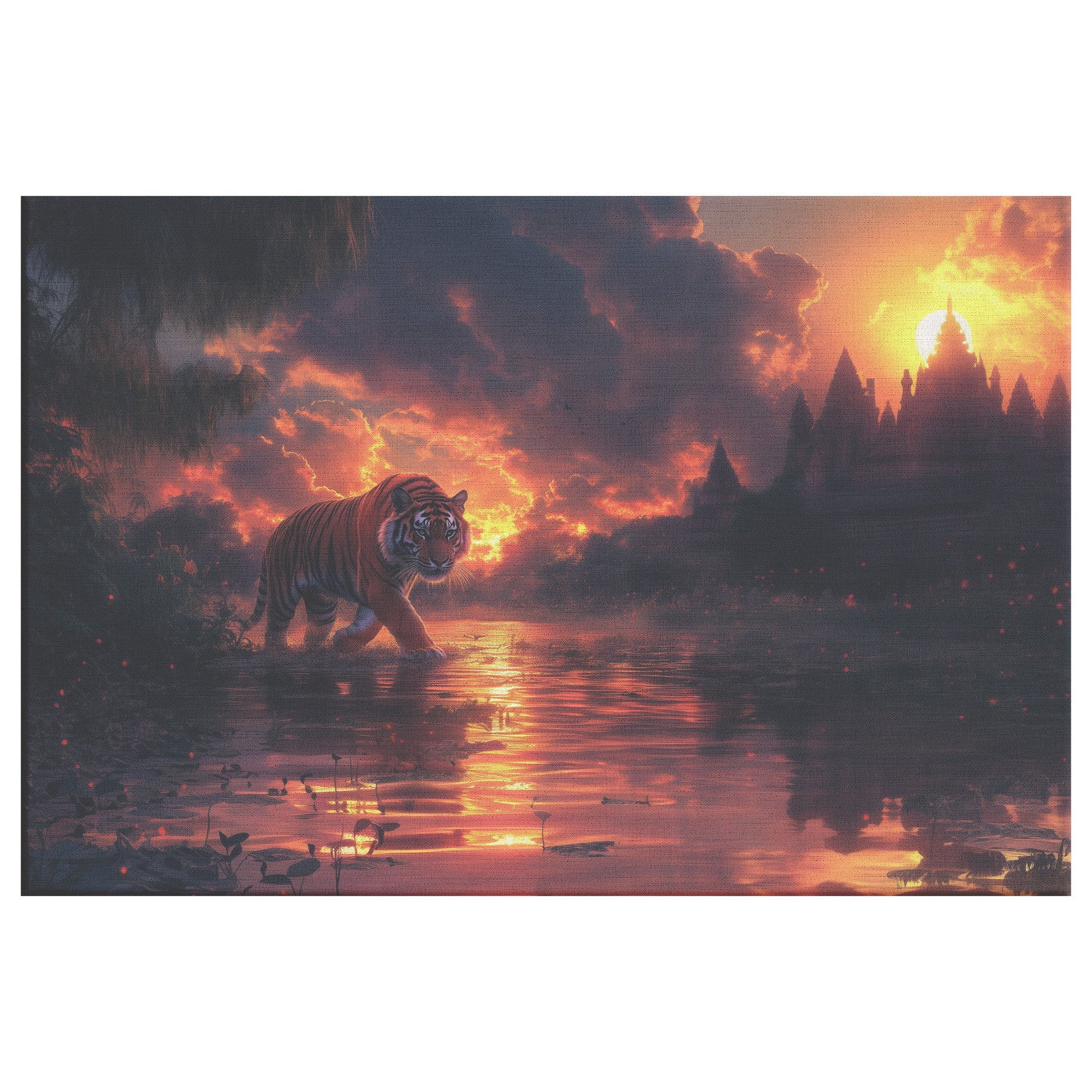 Tiger Walking Across Glowing Ancient Temple Overgrown with Jungle Vines Under Magical Twilight Sky Canvas Wall Art - Awakening Righteousness