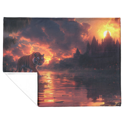 Tiger Walking Ancient Temple Sherpa Fleece Blanket Glowing Jungle Vines Magical Twilight Sky Enchanted Scene - Awakening Righteousness