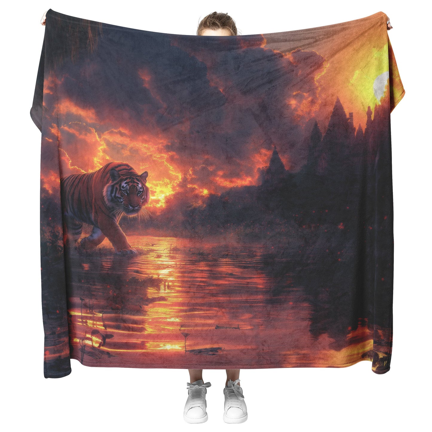 Tiger Walking Ancient Temple Sherpa Fleece Blanket Glowing Jungle Vines Magical Twilight Sky Enchanted Scene - Awakening Righteousness