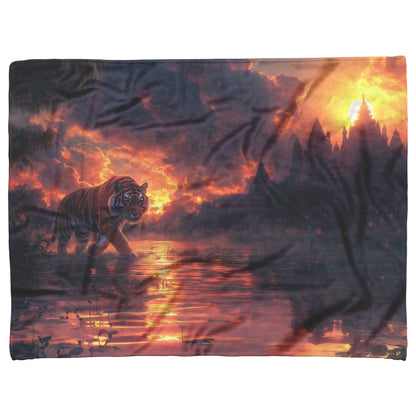 Tiger Walking Ancient Temple Sherpa Fleece Blanket Glowing Jungle Vines Magical Twilight Sky Enchanted Scene - Awakening Righteousness