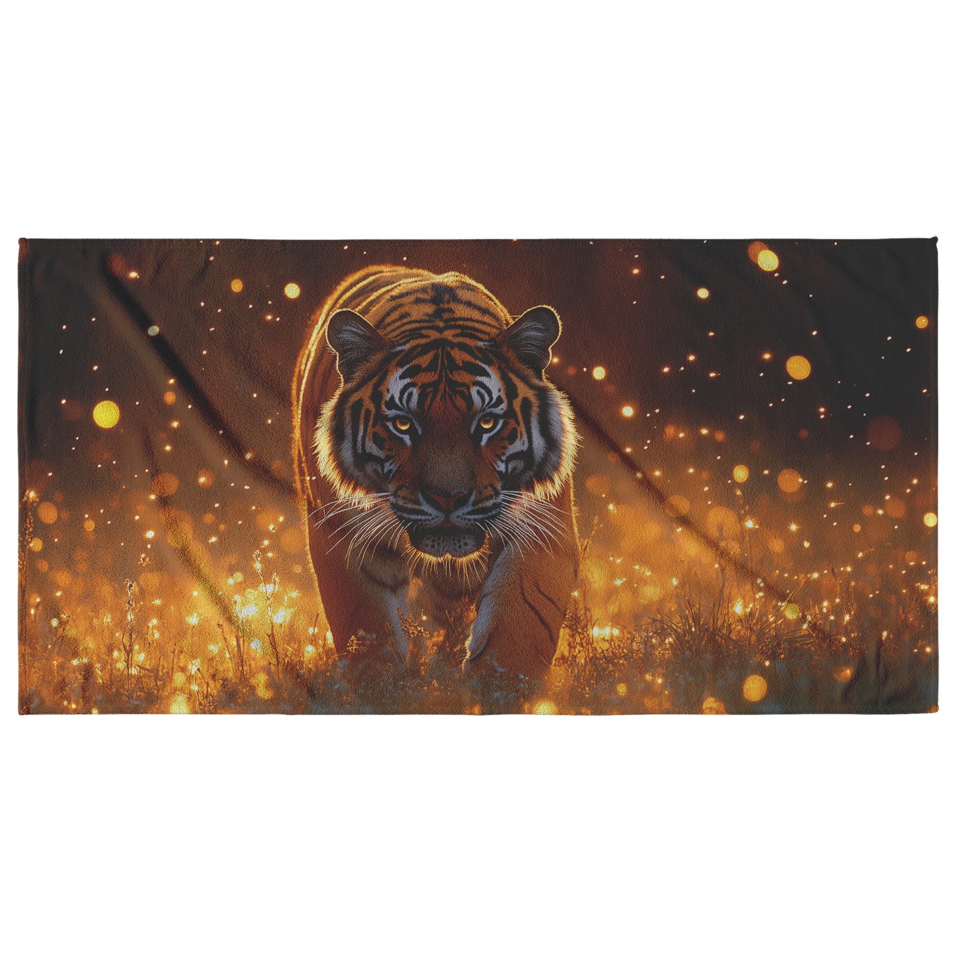 Tiger Walking Gracefully Through Golden Meadow Surrounded by Fireflies at Twilight Glowing Light on Fur Beach Towel - Awakening Righteousness