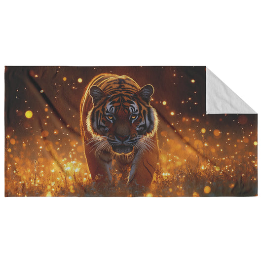 Tiger Walking Gracefully Through Golden Meadow Surrounded by Fireflies at Twilight Glowing Light on Fur Beach Towel - Awakening Righteousness