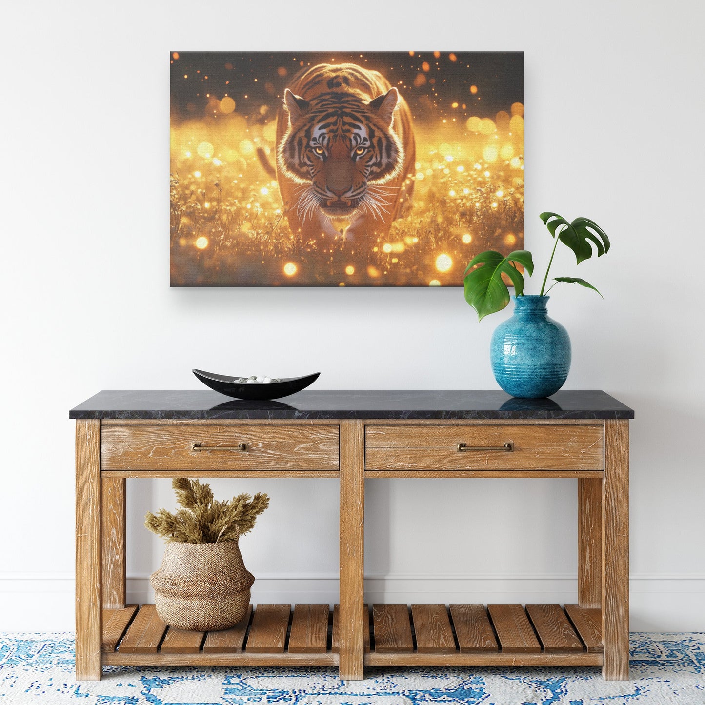 Tiger Walking Gracefully Through Golden Meadow Surrounded by Fireflies at Twilight with Glowing Light Canvas Wall Art - Awakening Righteousness