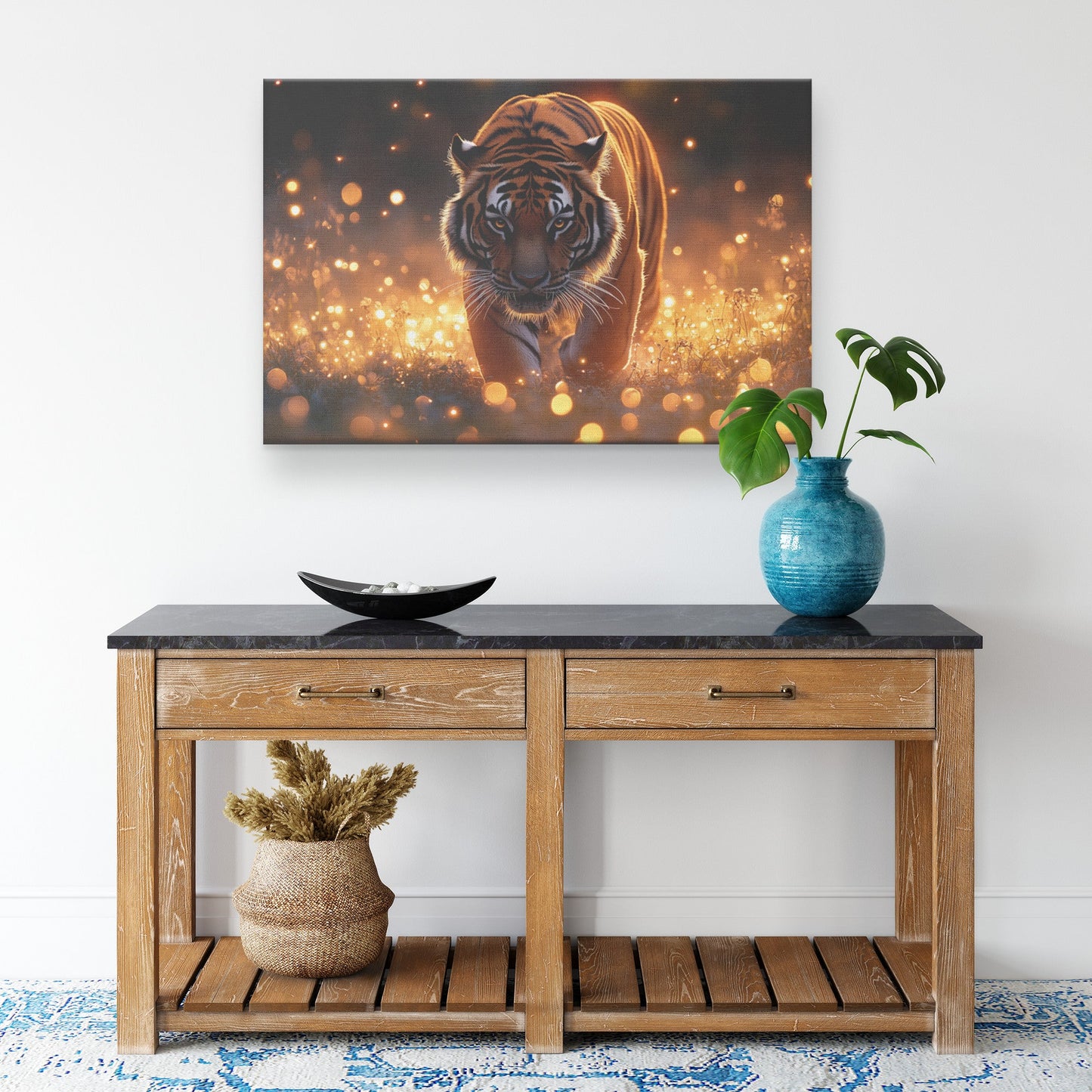 Tiger Walking Gracefully Through Golden Meadow Surrounded by Fireflies at Twilight with Glowing Light Canvas Wall Art - Awakening Righteousness