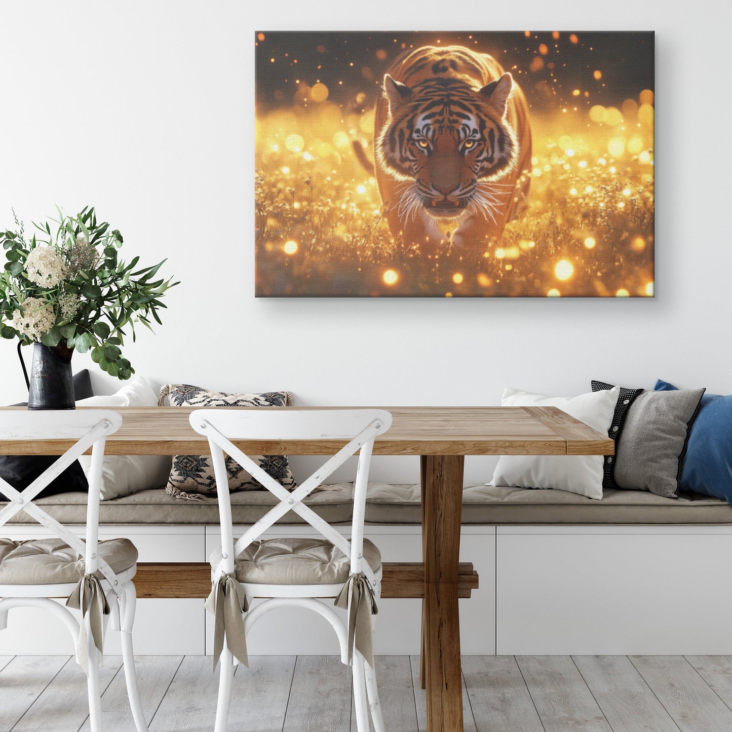 Tiger Walking Gracefully Through Golden Meadow Surrounded by Fireflies at Twilight with Glowing Light Canvas Wall Art - Awakening Righteousness