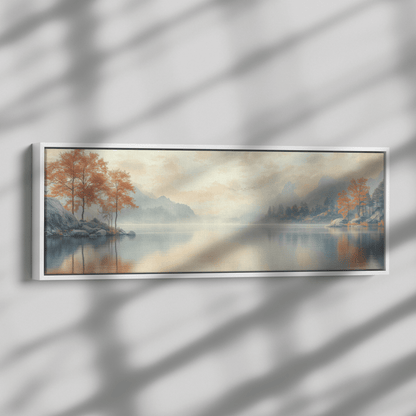 Tranquil Lake Scene Clean Reflections Muted Beige Gray Tones Minimalist Linework Ultra High Definition Panoramic Framed Canvas Wall Art - Awakening Righteousness