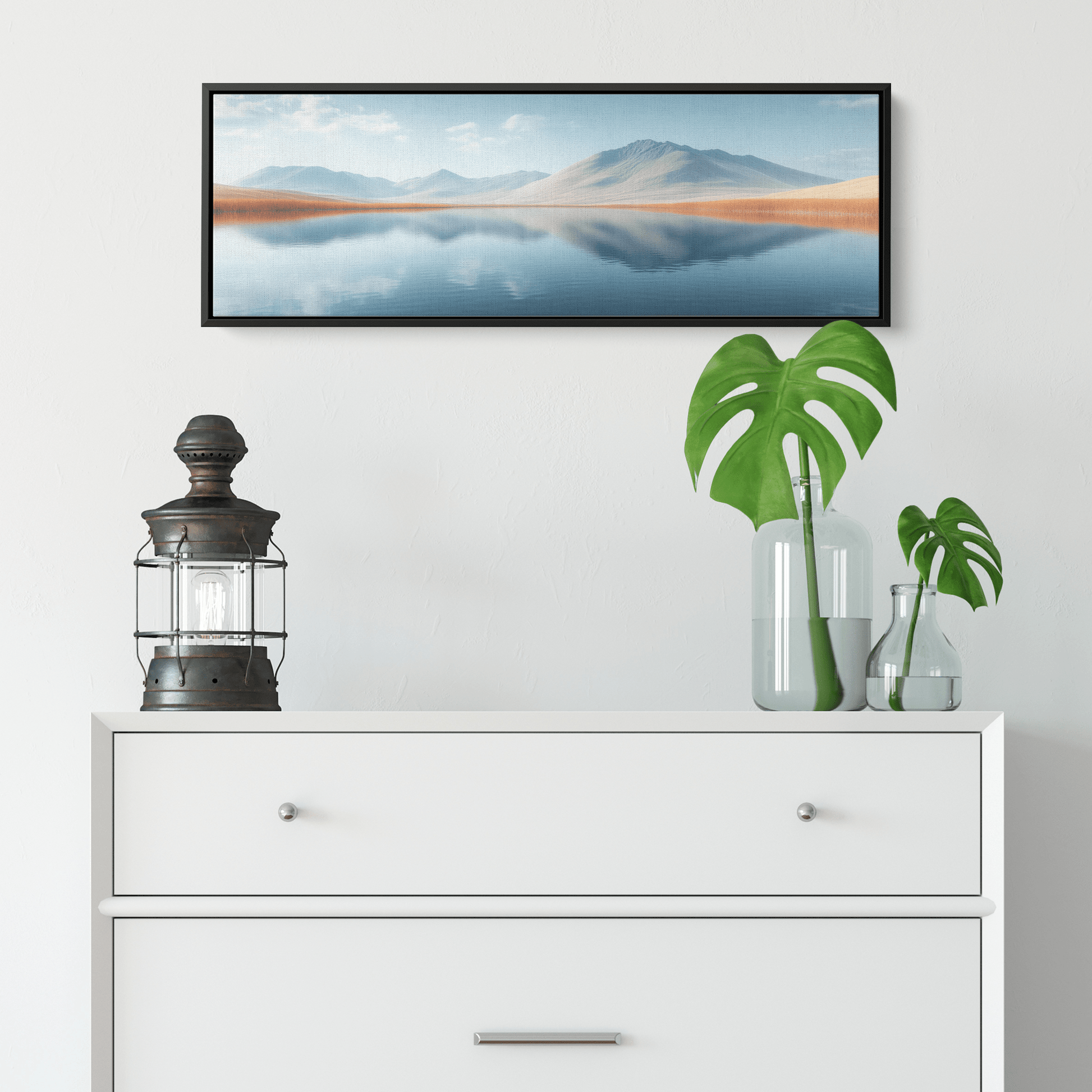 Tranquil Lake Scene Soft Taupe Hills Reflections Muted Gradients Clean Lines Ultra High Definition Refined Minimalist Panoramic Framed Canvas Wall Art - Awakening Righteousness