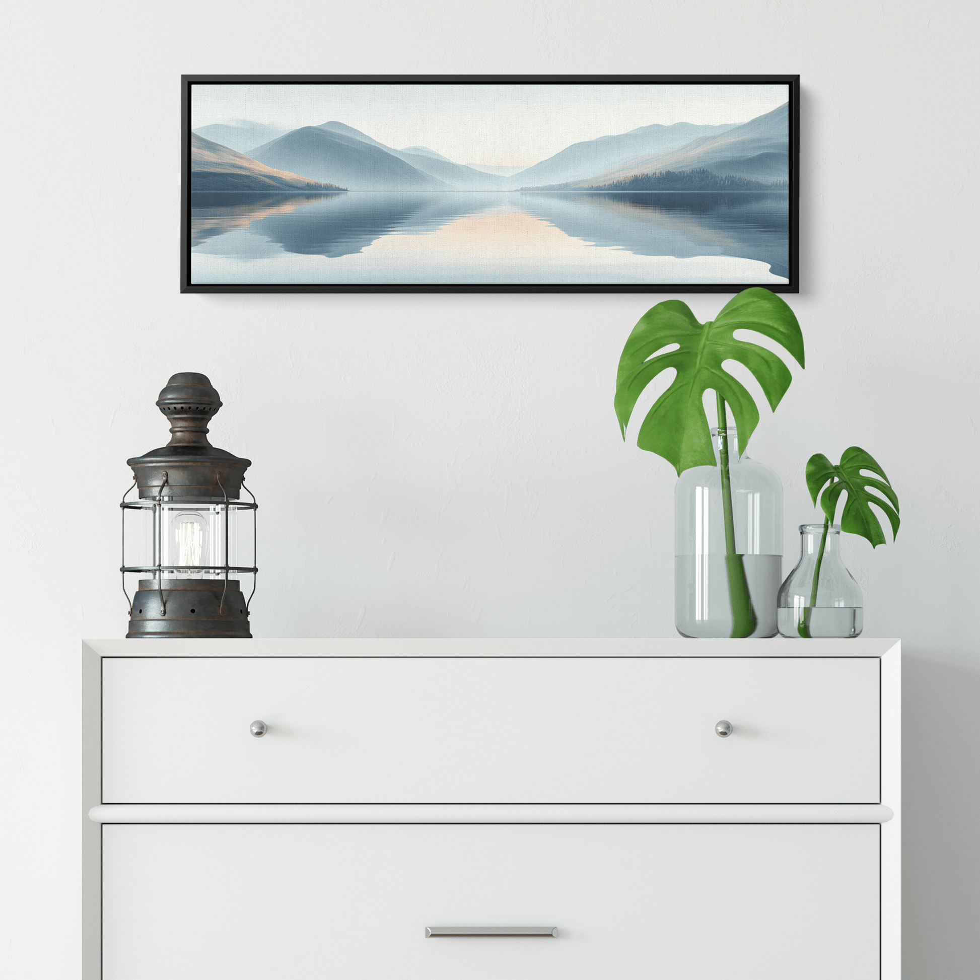 Tranquil Lake Scene Soft Taupe Hills Reflections Muted Gradients Clean Lines Ultra High Definition Refined Minimalist Panoramic Framed Canvas Wall Art - Awakening Righteousness