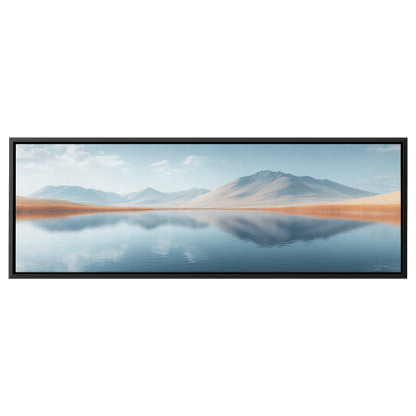 Tranquil Lake Scene Soft Taupe Hills Reflections Muted Gradients Clean Lines Ultra High Definition Refined Minimalist Panoramic Framed Canvas Wall Art - Awakening Righteousness