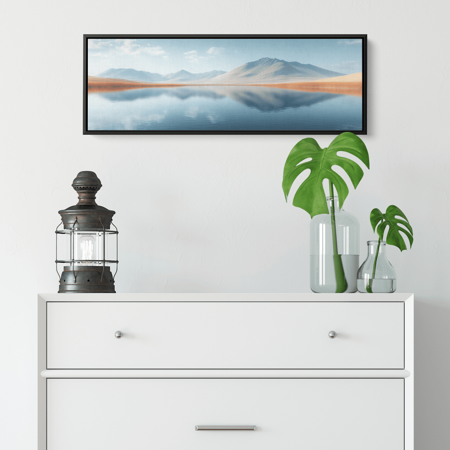 Tranquil Lake Scene Soft Taupe Hills Reflections Muted Gradients Clean Lines Ultra High Definition Refined Minimalist Panoramic Framed Canvas Wall Art - Awakening Righteousness