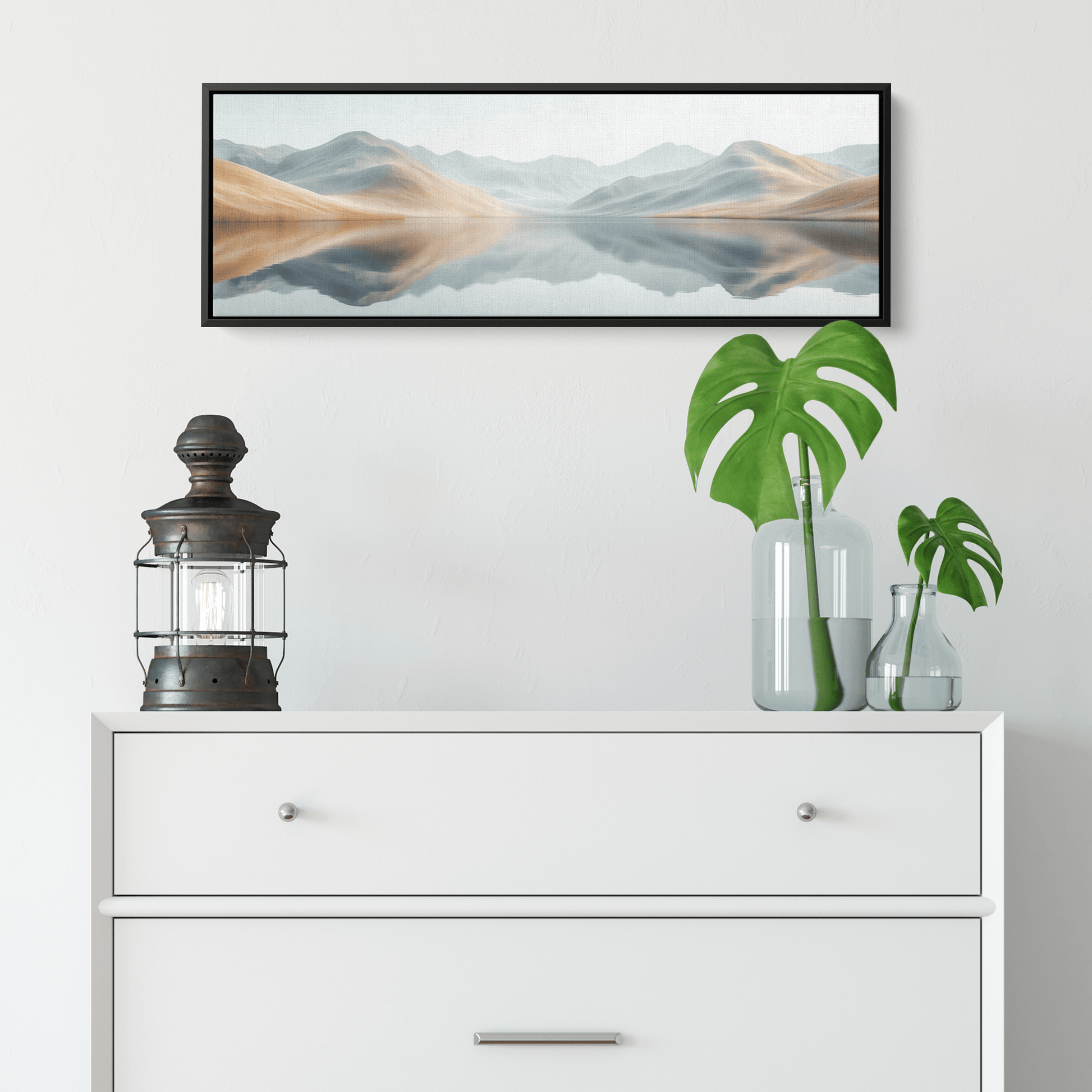 Tranquil Lake Scene Soft Taupe Hills Reflections Muted Gradients Clean Lines Ultra High Definition Refined Minimalist Panoramic Framed Canvas Wall Art - Awakening Righteousness