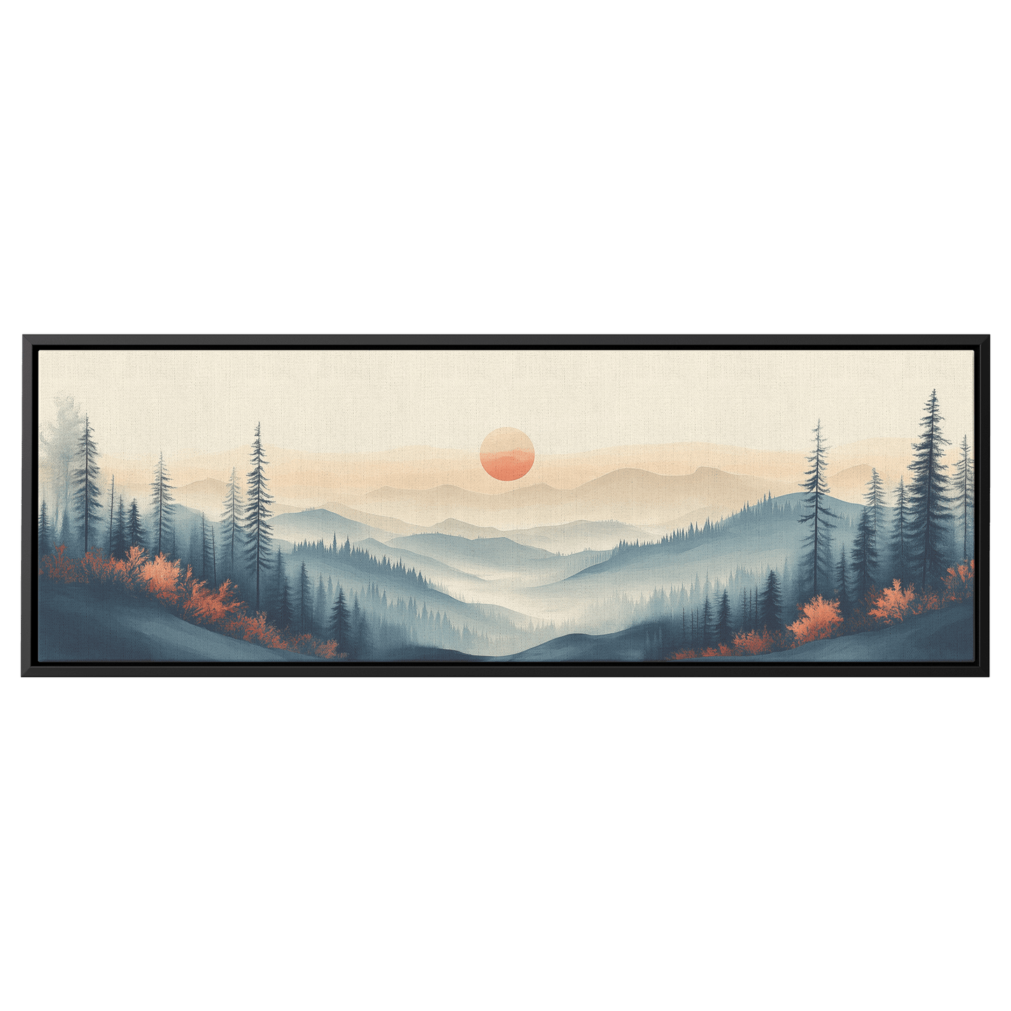 Tranquil Landscape Illustration Muted Hills Pale Sky Taupe Beige Ultra High Definition Modern Minimalist Panoramic Framed Canvas Wall Art - Awakening Righteousness