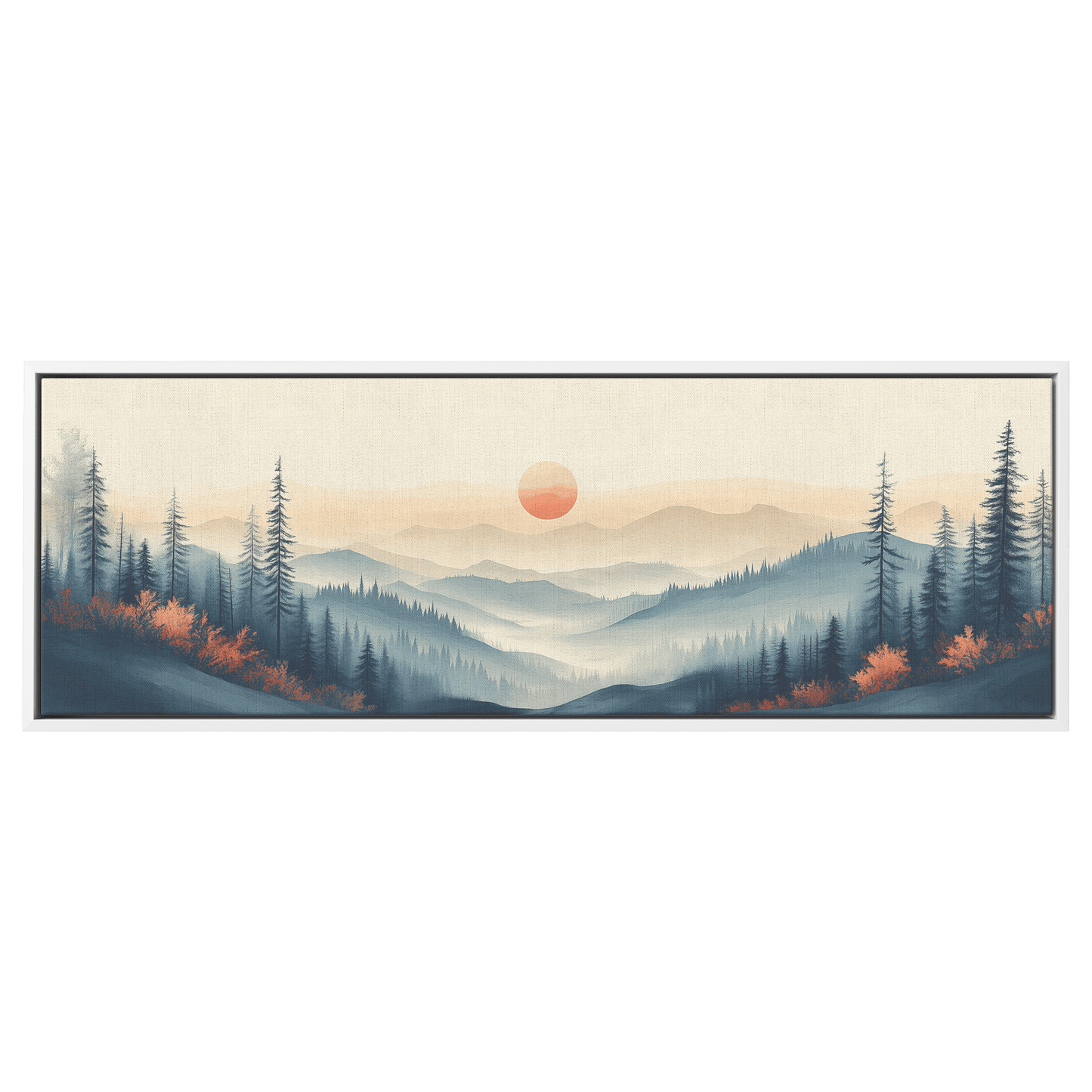 Tranquil Landscape Illustration Muted Hills Pale Sky Taupe Beige Ultra High Definition Modern Minimalist Panoramic Framed Canvas Wall Art - Awakening Righteousness