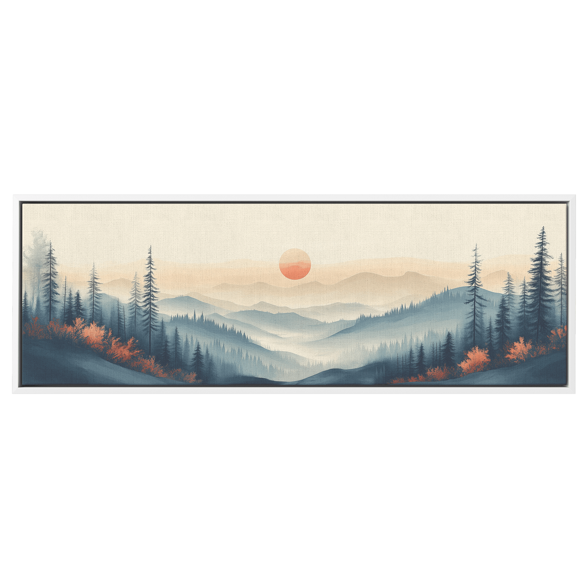 Tranquil Landscape Illustration Muted Hills Pale Sky Taupe Beige Ultra High Definition Modern Minimalist Panoramic Framed Canvas Wall Art - Awakening Righteousness