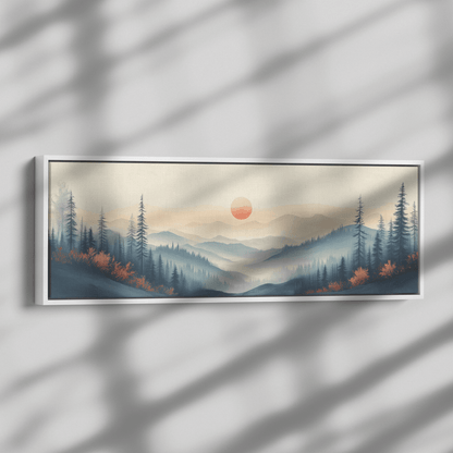 Tranquil Landscape Illustration Muted Hills Pale Sky Taupe Beige Ultra High Definition Modern Minimalist Panoramic Framed Canvas Wall Art - Awakening Righteousness