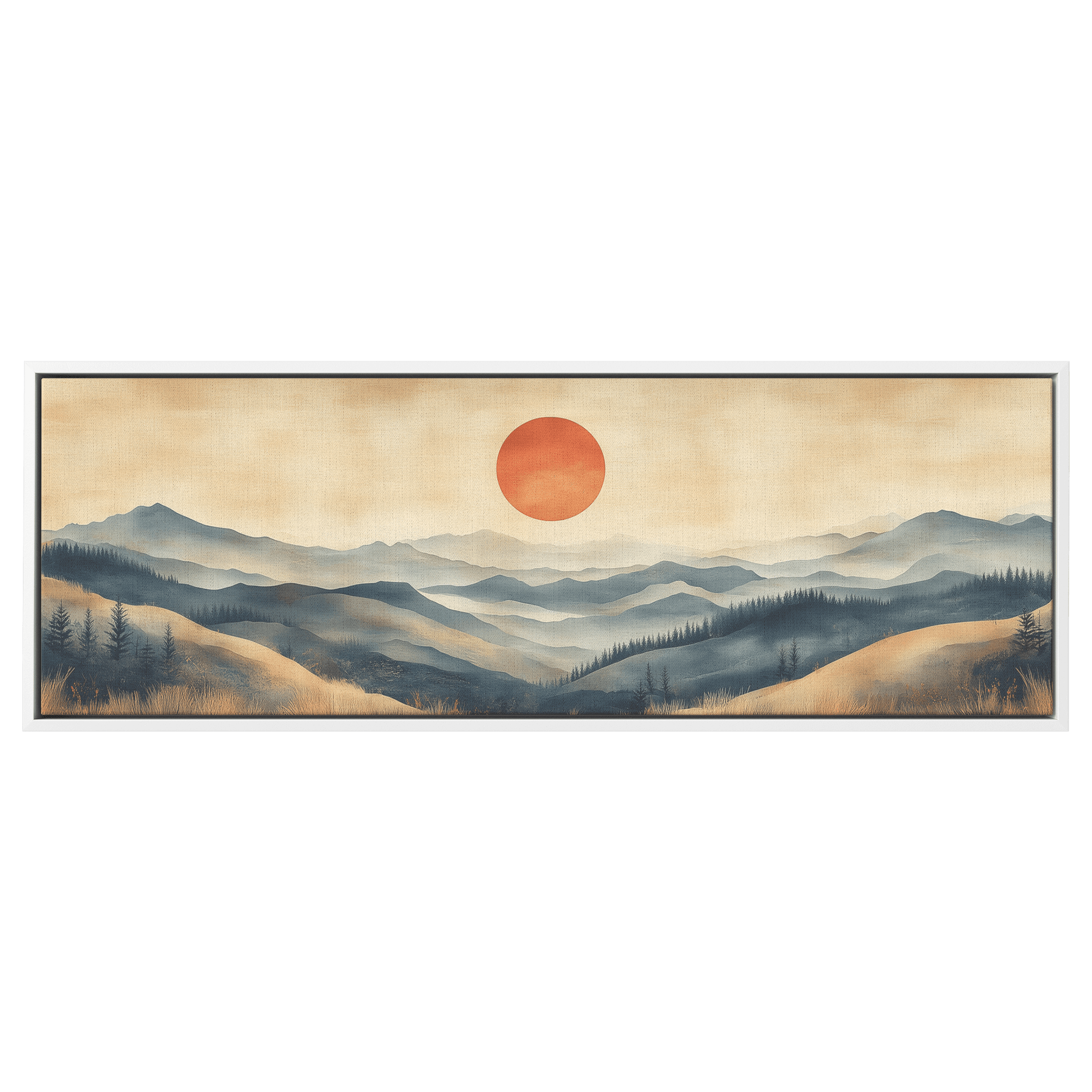 Tranquil Landscape Illustration Muted Hills Pale Sky Taupe Beige Ultra High Definition Modern Minimalist Panoramic Framed Canvas Wall Art - Awakening Righteousness