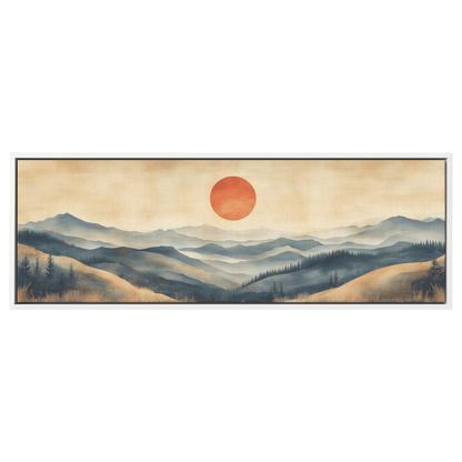 Tranquil Landscape Illustration Muted Hills Pale Sky Taupe Beige Ultra High Definition Modern Minimalist Panoramic Framed Canvas Wall Art - Awakening Righteousness