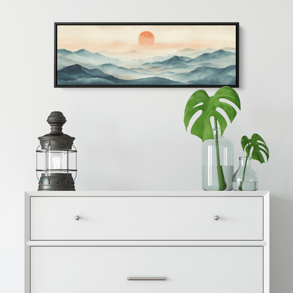 Tranquil Landscape Illustration Muted Hills Pale Sky Taupe Beige Ultra High Definition Modern Minimalist Panoramic Framed Canvas Wall Art - Awakening Righteousness