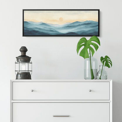 Tranquil Landscape Illustration Muted Hills Pale Sky Taupe Beige Ultra High Definition Modern Minimalist Panoramic Framed Canvas Wall Art - Awakening Righteousness