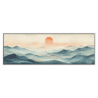 Tranquil Landscape Illustration Muted Hills Pale Sky Taupe Beige Ultra High Definition Modern Minimalist Panoramic Framed Canvas Wall Art - Awakening Righteousness