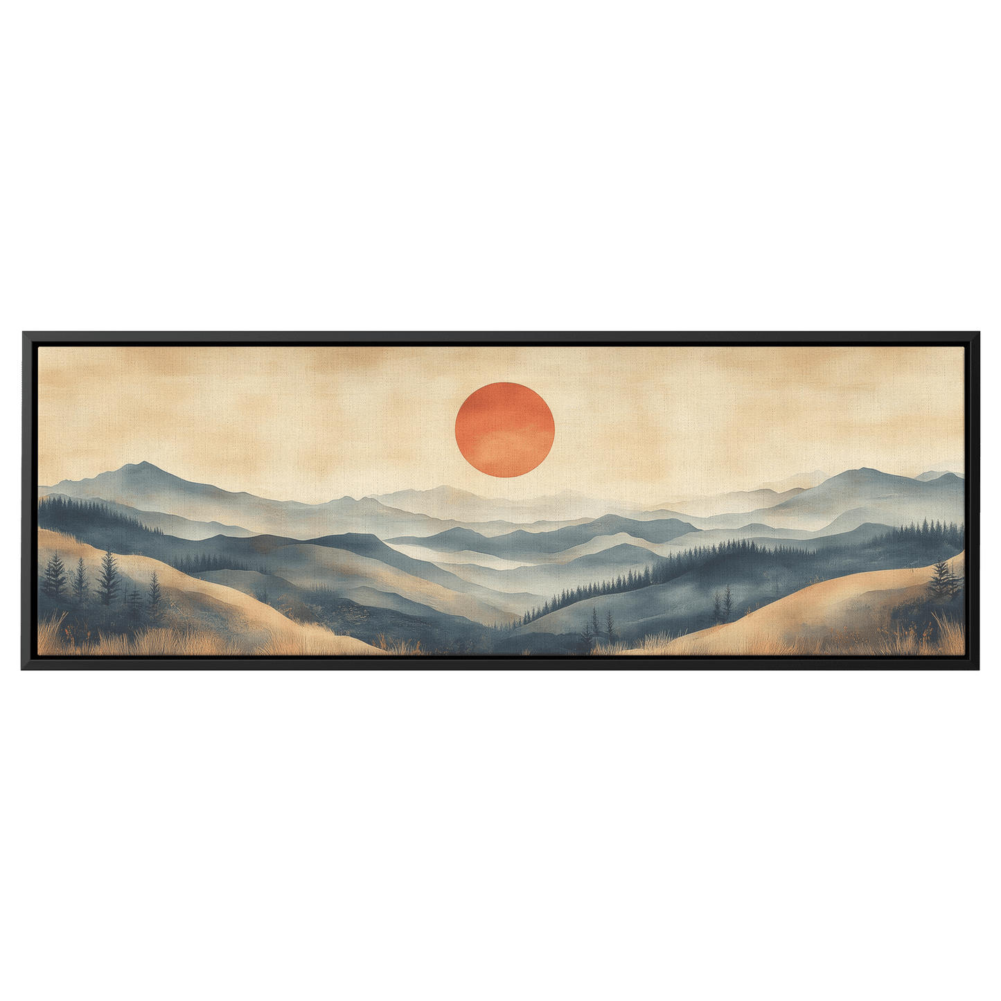 Tranquil Landscape Illustration Muted Hills Pale Sky Taupe Beige Ultra High Definition Modern Minimalist Panoramic Framed Canvas Wall Art - Awakening Righteousness