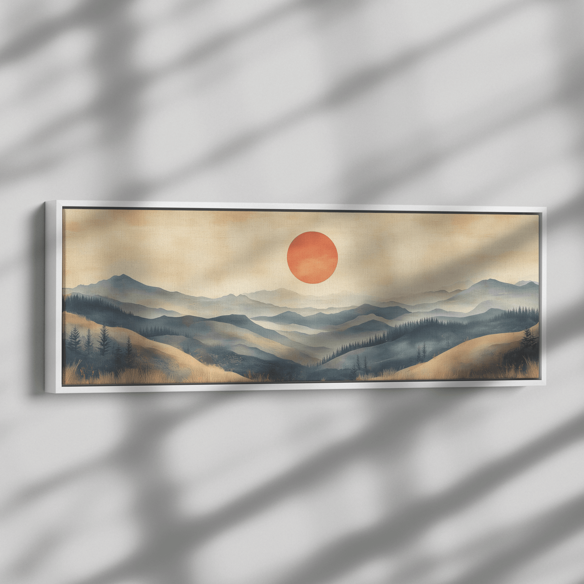 Tranquil Landscape Illustration Muted Hills Pale Sky Taupe Beige Ultra High Definition Modern Minimalist Panoramic Framed Canvas Wall Art - Awakening Righteousness