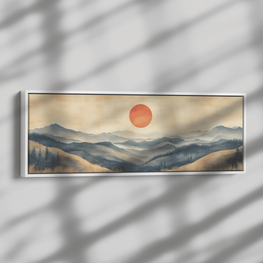 Tranquil Landscape Illustration Muted Hills Pale Sky Taupe Beige Ultra High Definition Modern Minimalist Panoramic Framed Canvas Wall Art - Awakening Righteousness