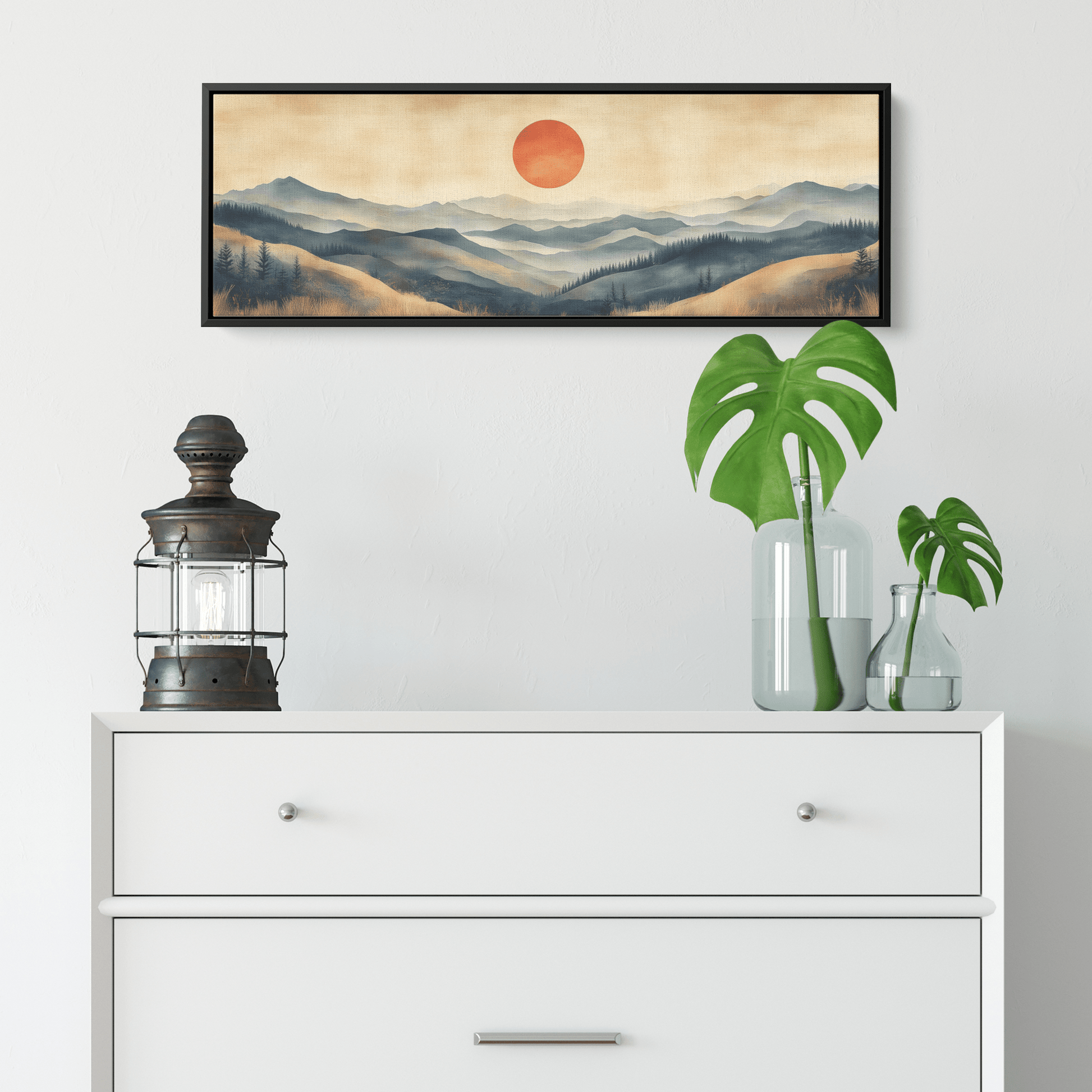Tranquil Landscape Illustration Muted Hills Pale Sky Taupe Beige Ultra High Definition Modern Minimalist Panoramic Framed Canvas Wall Art - Awakening Righteousness