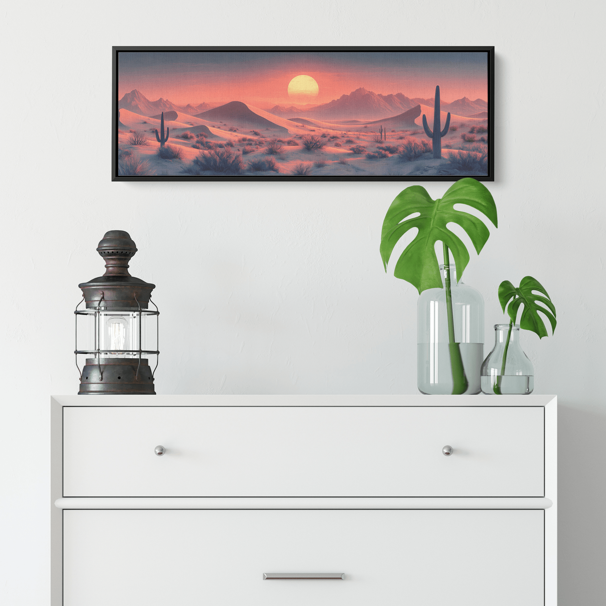 Tranquil Panoramic Desert Scene Layered Sand Dunes Minimalist Cacti Soft Taupe Ultra High Definition Modern Minimalist Canvas Wall Art - Awakening Righteousness