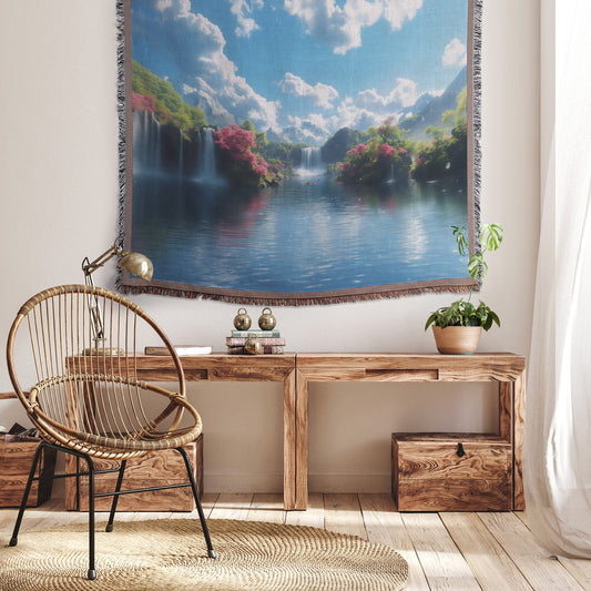 Tranquil Waterfalls and Blossoms Woven Throw Blanket - Awakening Righteousness