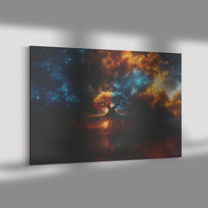 Tree of Knowledge of Good and Evil Fire and Ice Under Cosmic Glow Christian Canvas Wall Art Decor - Awakening Righteousness