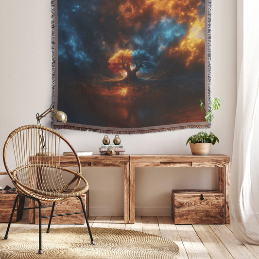 Tree of Knowledge of Good and Evil Woven Throw Blanket Cosmic Design for Christian Home Decor - Awakening Righteousness