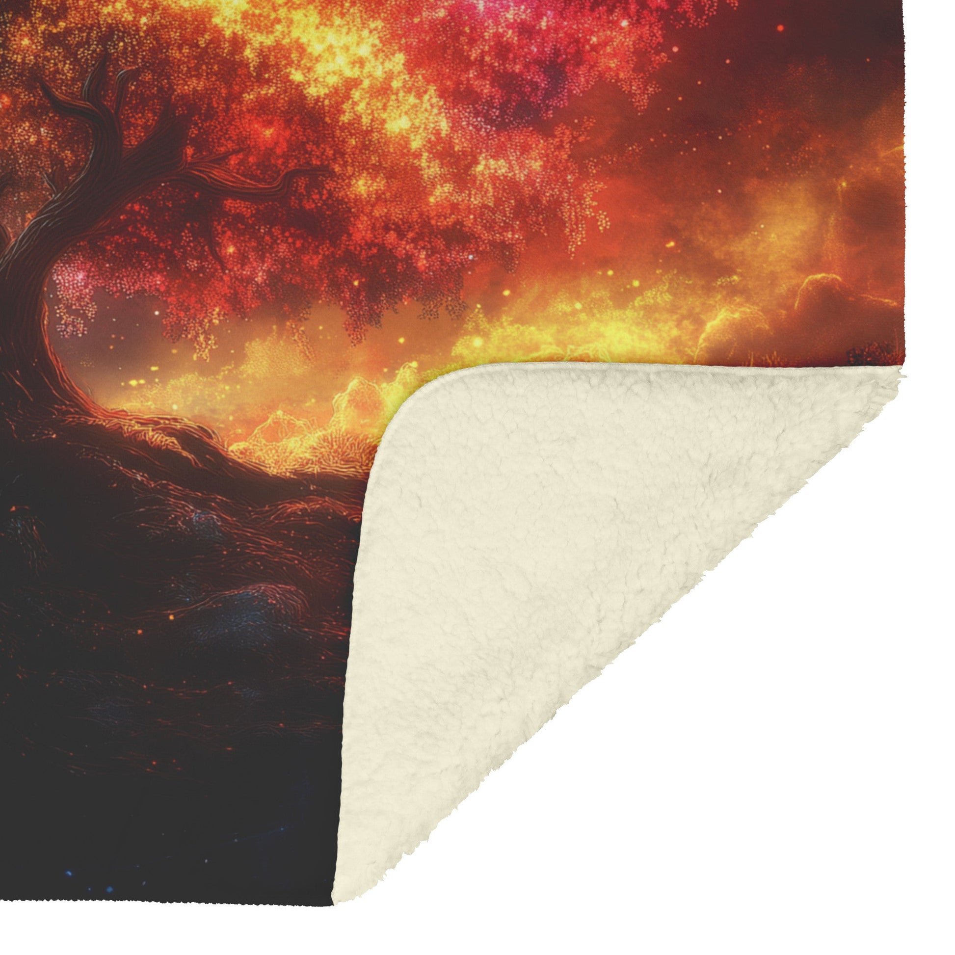 Tree of Knowledge with Fiery Leaves and Starry Sky Sherpa Fleece Blanket for Cozy Home Decor and Gifts - Awakening Righteousness