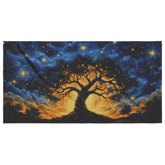 Tree of Life Beach Towel Glowing Golden Canopy Under Starry Night Celestial and Nature Inspired Artistic Design - Awakening Righteousness