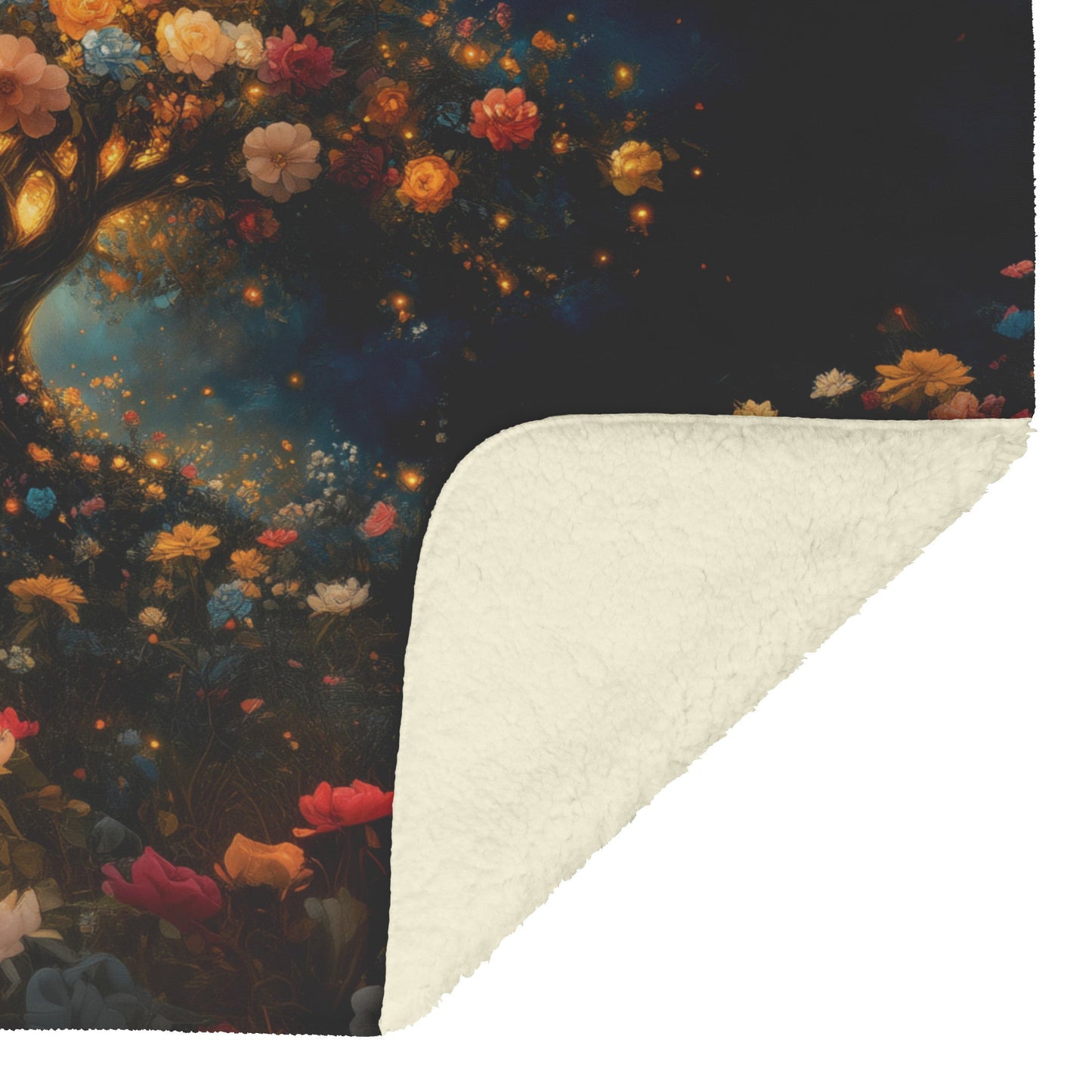 Tree of Life Blooming with Vibrant Flowers Under Night Sky Fleece Sherpa Blanket Ultra Soft Cozy Perfect for Home Gift - Awakening Righteousness