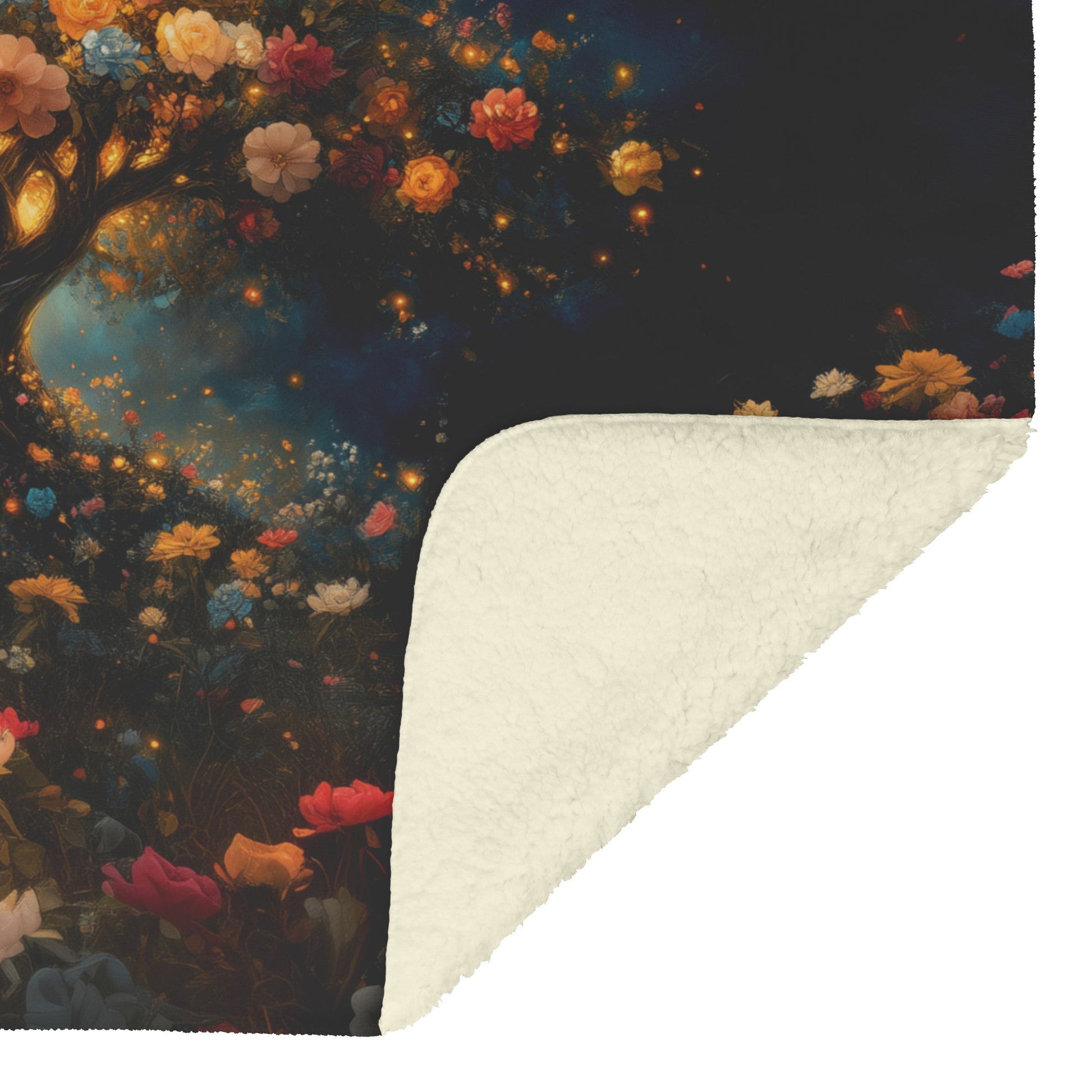 Tree of Life Blooming with Vibrant Flowers Under Night Sky Fleece Sherpa Blanket Ultra Soft Cozy Perfect for Home Gift - Awakening Righteousness