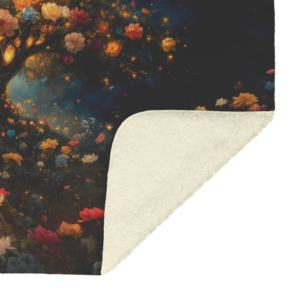 Tree of Life Blooming with Vibrant Flowers Under Night Sky Fleece Sherpa Blanket Ultra Soft Cozy Perfect for Home Gift - Awakening Righteousness