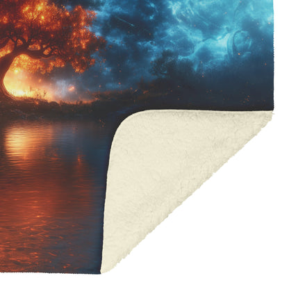 Tree of Life Fleece Sherpa Blanket Featuring Fiery Glow and Tranquil Waters Under a Starry Night Sky - Awakening Righteousness