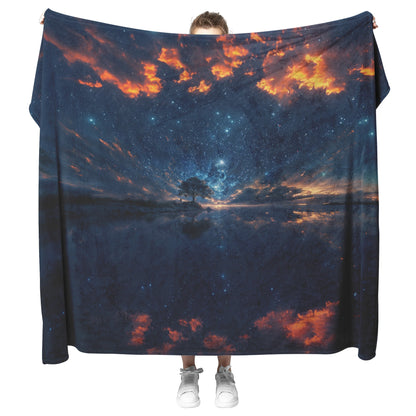 Tree of Life Fleece Sherpa Blanket Featuring Starry Sky Vibrant Clouds and Reflections Over Tranquil Waters - Awakening Righteousness