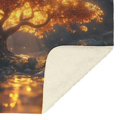 Tree of Life Glowing Golden Light River Flowing Dense Forest Cozy Christian Fleece Sherpa Blanket - Awakening Righteousness