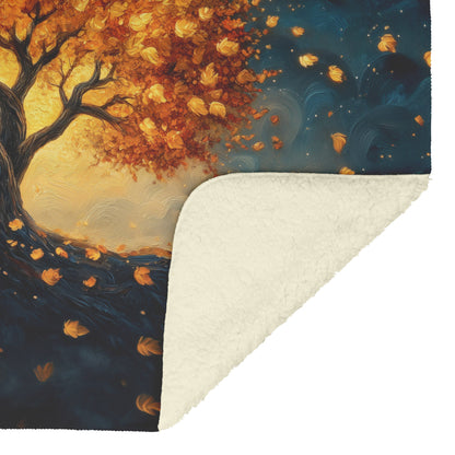 Tree of Life Glowing with Golden Leaves Under Starry Night Sky Fleece Sherpa Blanket Ultra Soft Cozy Perfect Gift - Awakening Righteousness