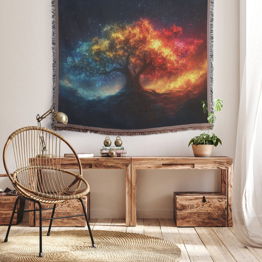 Tree of life in cosmic colors glowing leaves woven throw blanket radiant autumn hues cosmic sky energy - Awakening Righteousness