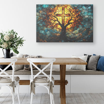 Tree of Life Stained Glass Cross Christian Wall Art Radiant Sunlight with Vibrant Colors for Spiritual Home - Awakening Righteousness