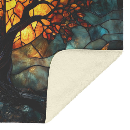 Tree of Life Stained Glass Cross Fleece Sherpa Blanket Radiant Sunset Christian Home Decor Cozy Inspirational Gift - Awakening Righteousness