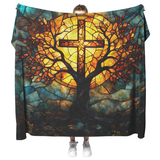 Tree of Life Stained Glass Cross Fleece Sherpa Blanket Radiant Sunset Christian Home Decor Cozy Inspirational Gift - Awakening Righteousness