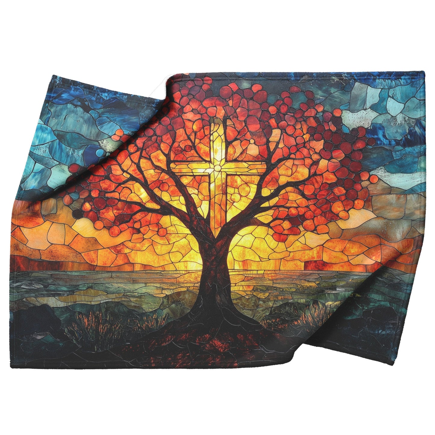 Tree of Life with Cross in Vibrant Stained Glass Sunset Fleece Sherpa Blanket Ultra Soft Cozy Perfect for Home Gift - Awakening Righteousness
