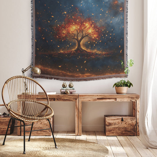 Tree of life with glowing leaves autumn colors cosmic sky woven throw blanket glowing branches and fiery energy - Awakening Righteousness