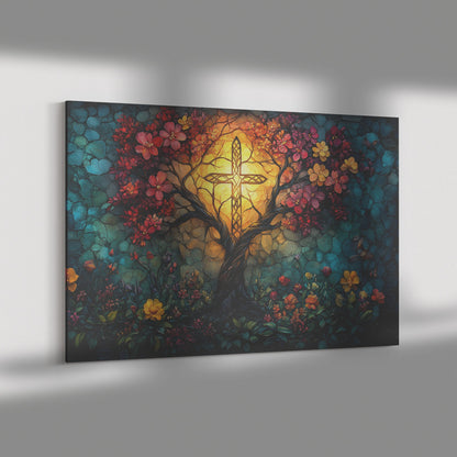 Tree of Life with Illuminated Cross and Blooming Flowers Christian Canvas Wall Art for Home and Church Decor - Awakening Righteousness