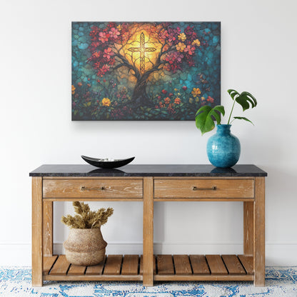 Tree of Life with Illuminated Cross and Blooming Flowers Christian Canvas Wall Art for Home and Church Decor - Awakening Righteousness