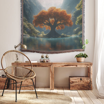 Tree of Life with Orange Leaves Woven Throw Blanket - Awakening Righteousness